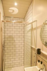 bagno con doccia, lavandino e specchio di Shepherds Hut in countryside near Bath and Bristol a Bristol