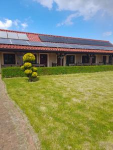 a house with a green yard with a tree at Apartamenty Pod Debem (Ferienwohnungen an der uralten Eiche) in Wapnica