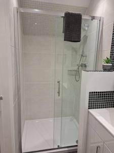 a shower with a glass door in a bathroom at Suffolk View Apartment in Tuddenham