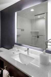 uma casa de banho com um lavatório e um espelho grande em Residence Inn by Marriott East Peoria em Peoria