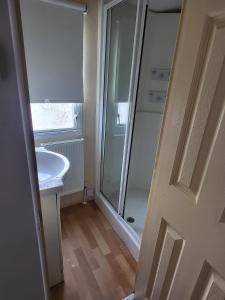 a bathroom with a shower and a sink at Haven Dreams Caravan in Hastings