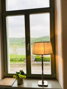 uma lâmpada sentada em frente a uma janela com vista em Ferienwohnung im Gästehaus em Meissen