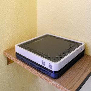 a laptop sitting on a shelf on a wall at Casa del sol 2 bedrooms in Morro del Jable