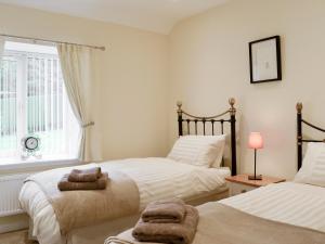 a bedroom with two beds and a window at Hameish Holiday Cottage in Kirkcudbright