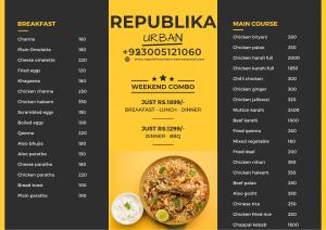 a menu for republik indian restaurant at Republika by Summit Resorts in Abbottabad