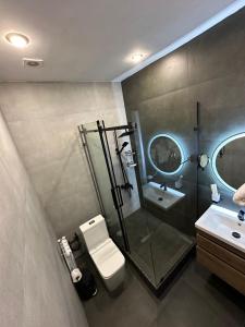 a bathroom with a shower and a toilet and a sink at Dream Hotel in Almaty