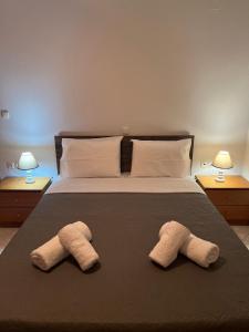 a bed with two towels on it with two lamps at The side of Meteora majestic apartment in Kalabaka