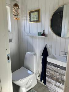 a bathroom with a white toilet and a sink at Hytten - Tiny house in Grenå