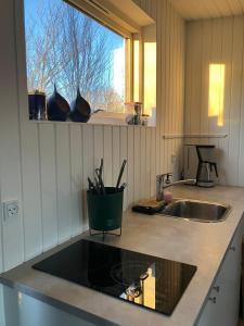 a kitchen counter with a sink and a window at Hytten - Tiny house in Grenå