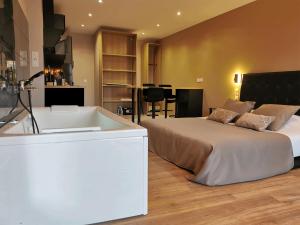 - une chambre avec un grand lit et une baignoire dans l'établissement Appart Hotel Spa Perpignan, à Perpignan