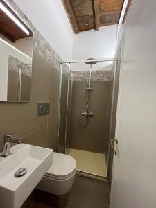 a bathroom with a shower and a toilet and a sink at la rocca sul lago in Capodimonte