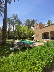 a backyard with a pool and palm trees and a building at Maison d H&ocirc;te Ighrem in Goulmima