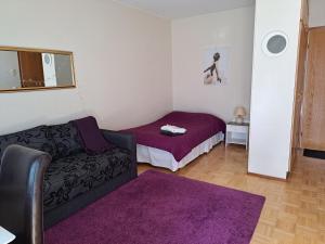 een woonkamer met een bank en een bed bij Saunallinen yksiö in Pieksamaki