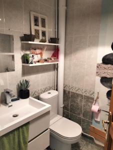 łazienka z białą toaletą i umywalką w obiekcie Maison au calme wifi Netflix w mieście Hendaye