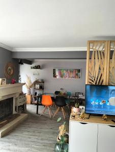 salon z telewizorem i kominkiem w obiekcie Maison au calme wifi Netflix w mieście Hendaye +9 zdjęć