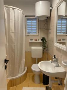 a bathroom with a toilet and a sink and a shower at Apartment Seaside Orebić in Orebić