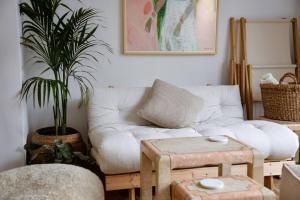 un salon avec un canapé blanc et une plante en pot dans l'établissement Mini Condo 2 DL - Studio with a private patio, à Donja Lastva