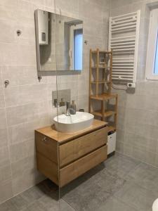 uma casa de banho com um lavatório e um espelho em MINT&ROSE em Peroj