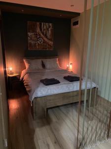 ein Schlafzimmer mit einem Bett mit zwei Kissen darauf in der Unterkunft Апартамент Danaya 1 in Warna
