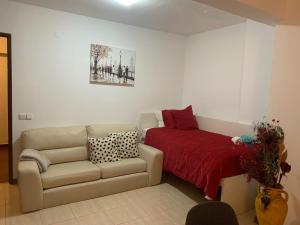 uma sala de estar com um sofá e uma cama em Charming T1 apartment in Seixal em Aldeia de Paio Pires