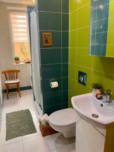uma casa de banho com um WC e um lavatório em Apartament Leszczyna em Olsztyn