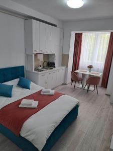 sypialnia z dużym łóżkiem, kuchnią i stołem w obiekcie Amda Studio w mieście Onești