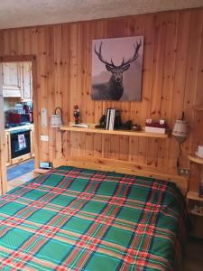 a bedroom with a bed with a deer head on the wall at Casetta dei Cuori - Alpine Style Cozy Apartment in Folgarida