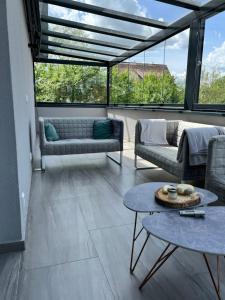 ein Wohnzimmer mit Sofas, Tischen und großen Fenstern in der Unterkunft LifeStyle Apartment Sinsheim in Sinsheim