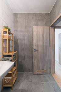 La salle de bains est pourvue d'une douche et d'une porte en bois. dans l'établissement Corvin apartment, à Budapest