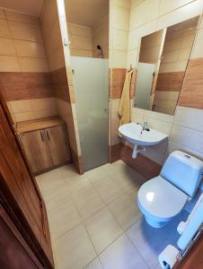 ein Bad mit einem WC und einem Waschbecken in der Unterkunft Malostranská restaurace in Lišov