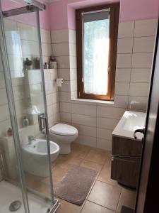 ein Bad mit einem WC, einem Waschbecken und einer Dusche in der Unterkunft Villa Matilde in Catabbio