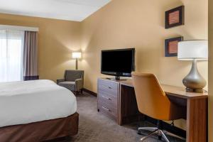 ストーン・マウンテンにあるComfort Inn & Suites at Stone Mountainのベッド、デスク、テレビが備わるホテルルームです。
