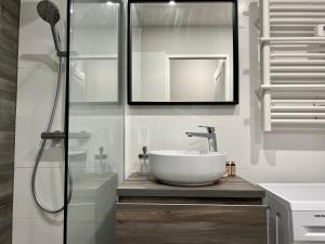 uma casa de banho com um lavatório branco e um chuveiro em T2 Hyper Centre em Toulouse