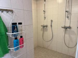 a bathroom with a shower with two bottles of soap at Koulumäen B&B in Kärkölä