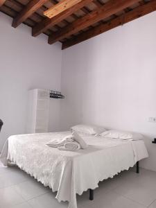 białe łóżko z białą pościelą i drewnianym sufitem w obiekcie Apartamentos Arquillo de Rota w mieście Sanlúcar de Barrameda