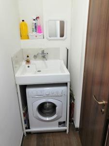 een badkamer met een wastafel en een wasmachine bij Casa Vacanza "A Due Passi" in Paravati