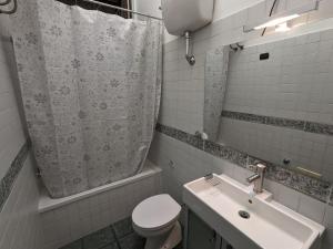 La salle de bains est pourvue d'un lavabo et d'un rideau de douche. dans l'établissement Napoli City Panorama, à Naples