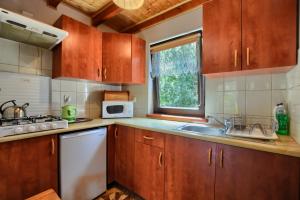 eine Küche mit Holzschränken, einem Waschbecken und einem Fenster in der Unterkunft Domki Zacisze nad wodą in Baligród
