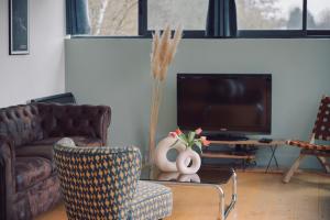 Televízia a/alebo spoločenská miestnosť v ubytovaní Loft sur l'eau en centre-ville de Compiègne
