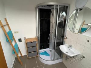 ein Bad mit einer Dusche, einem Waschbecken und einem Spiegel in der Unterkunft Huus Borkum in Borkum