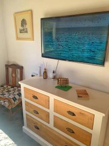 a bedroom with a dresser with a large tv on the wall at Casa La Quinta - Tiny House in San Carlos de Bariloche