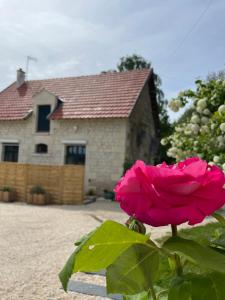 a pink rose sitting in front of a house at Le Relais, La Dormance, Le Bois Dormant in Châteauvieux