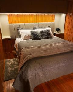 uma cama com duas almofadas num quarto em Hospedaria Cambará em Cambará