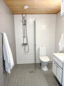 uma casa de banho com um chuveiro e um WC. em Studio Apartment Station em Oulu