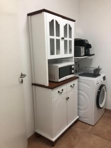 a kitchen with a washing machine and a microwave at Pension Chen mit 2 Schlafzimmern, EBK, separat Balkon in Griesstätt