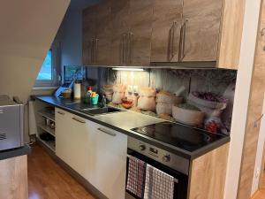 a kitchen with a stove and a counter top at Vila Lesce apartments in Lesce
