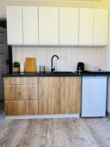 a kitchen with white cabinets and a sink and a dishwasher at Projekt Warchały in Warchały