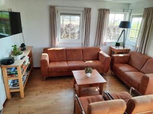 a living room with brown leather couches and a table at Vakantiehuisjes Marsherne in Poppingawier