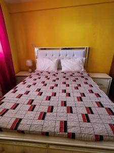 ein Bett mit einer Decke in einem Schlafzimmer in der Unterkunft Super Two Bedroom Penthouse in Peguy-Ville 