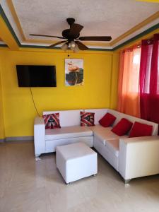 a living room with a couch and a tv at Super Two Bedroom Penthouse in Peguy-Ville 
